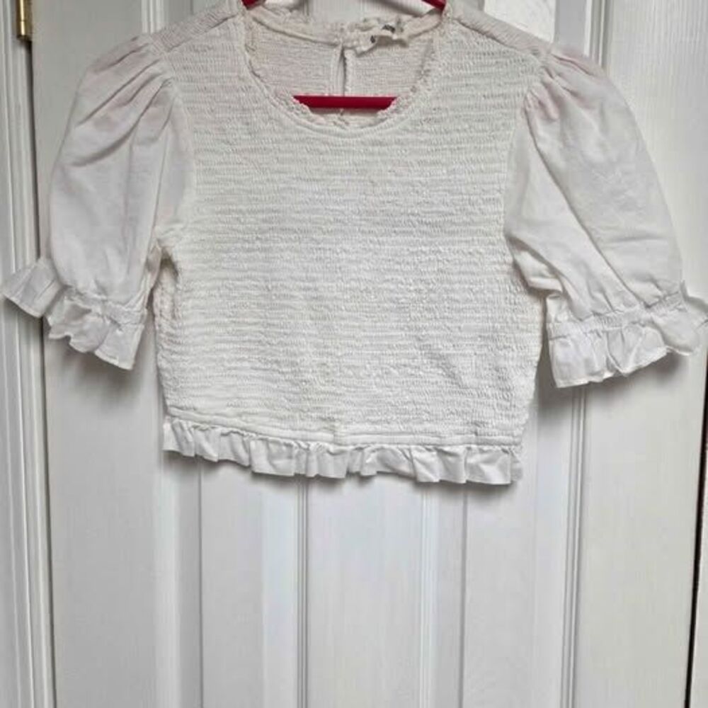 Day + Moon womens medium white crop top smocking lace ruffle and keyhole closure